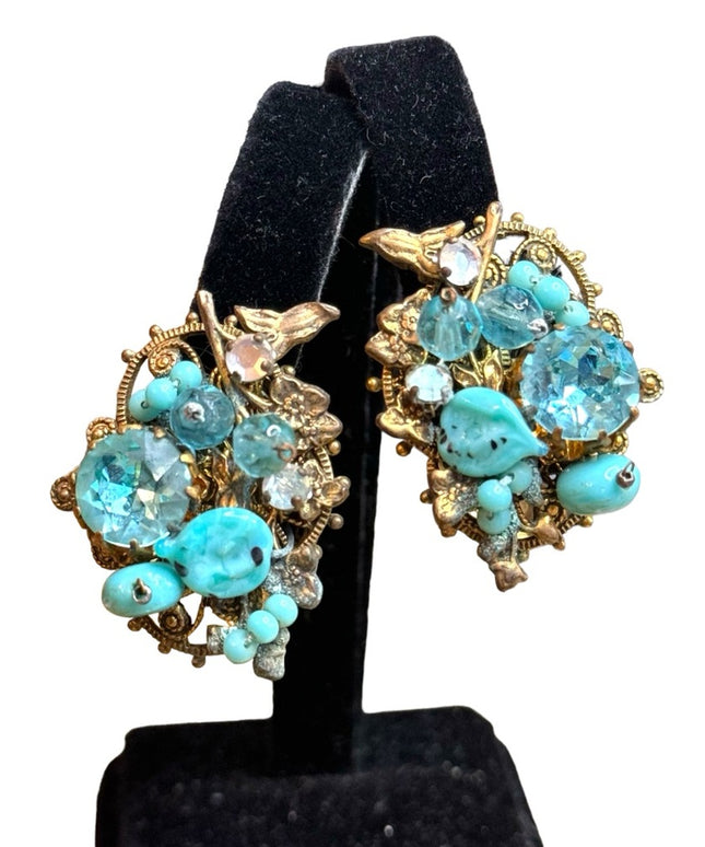 Unsigned Miriam Haskell mid century glass & crystal blue fancy clip on earrings