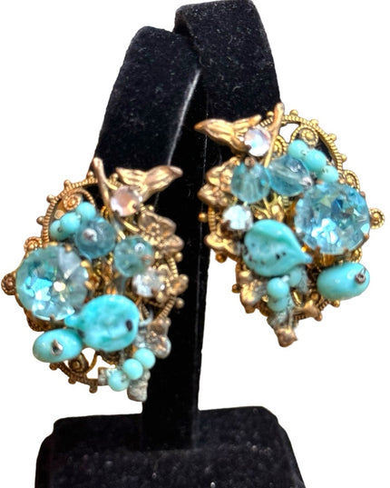 Unsigned Miriam Haskell mid century glass & crystal blue fancy clip on earrings