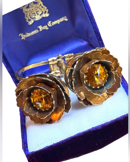 Vintage  hinged clamper large gold flower AB crystal ITALY designer bracelet