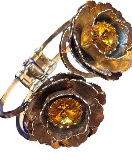 Vintage  hinged clamper large gold flower AB crystal ITALY designer bracelet