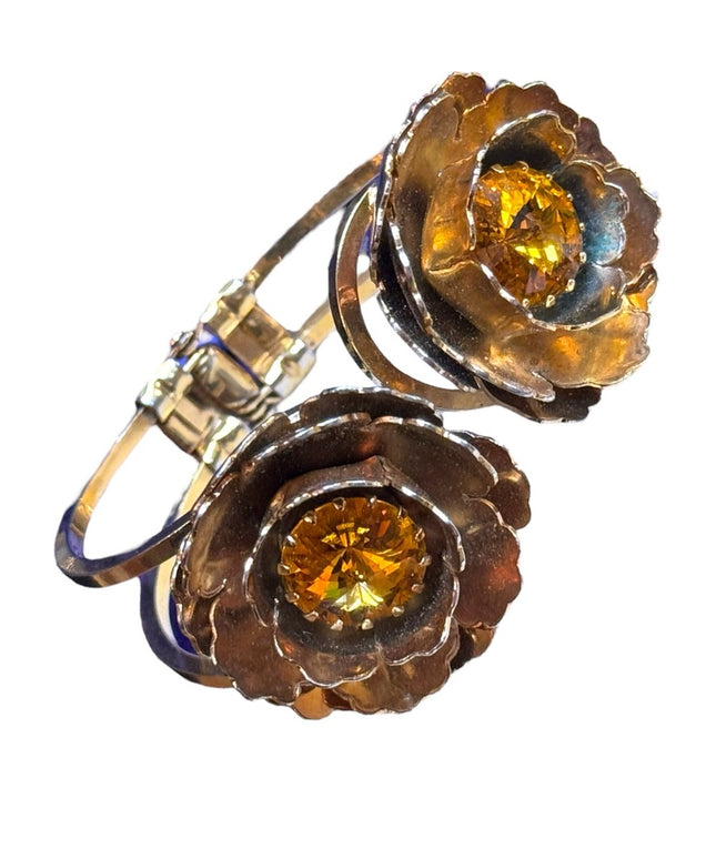 Vintage  hinged clamper large gold flower AB crystal ITALY designer bracelet
