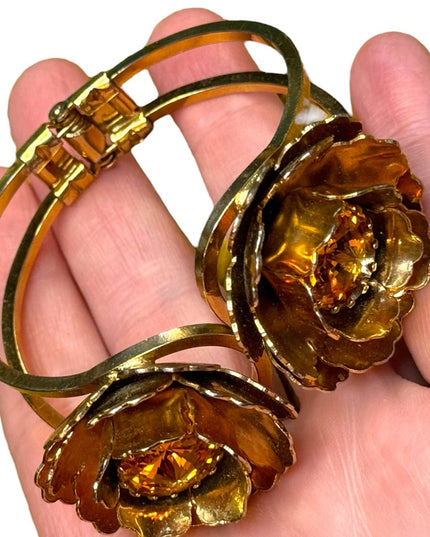 Vintage  hinged clamper large gold flower AB crystal ITALY designer bracelet