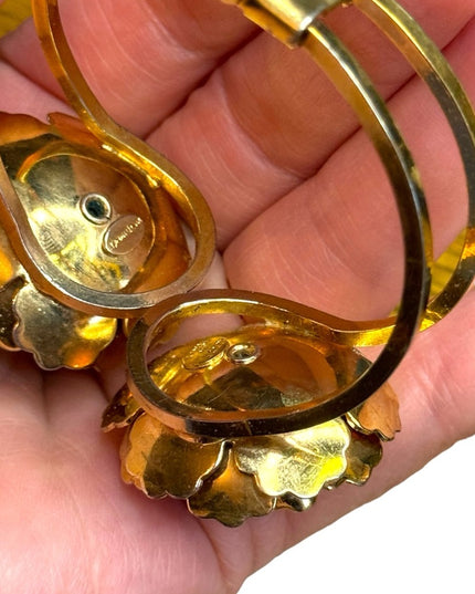 Vintage  hinged clamper large gold flower AB crystal ITALY designer bracelet