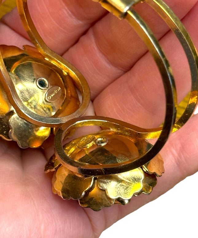 Vintage  hinged clamper large gold flower AB crystal ITALY designer bracelet