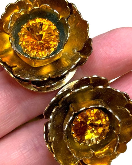 Vintage  hinged clamper large gold flower AB crystal ITALY designer bracelet