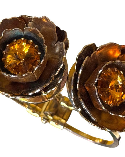 Vintage  hinged clamper large gold flower AB crystal ITALY designer bracelet