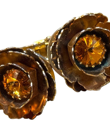 Vintage  hinged clamper large gold flower AB crystal ITALY designer bracelet