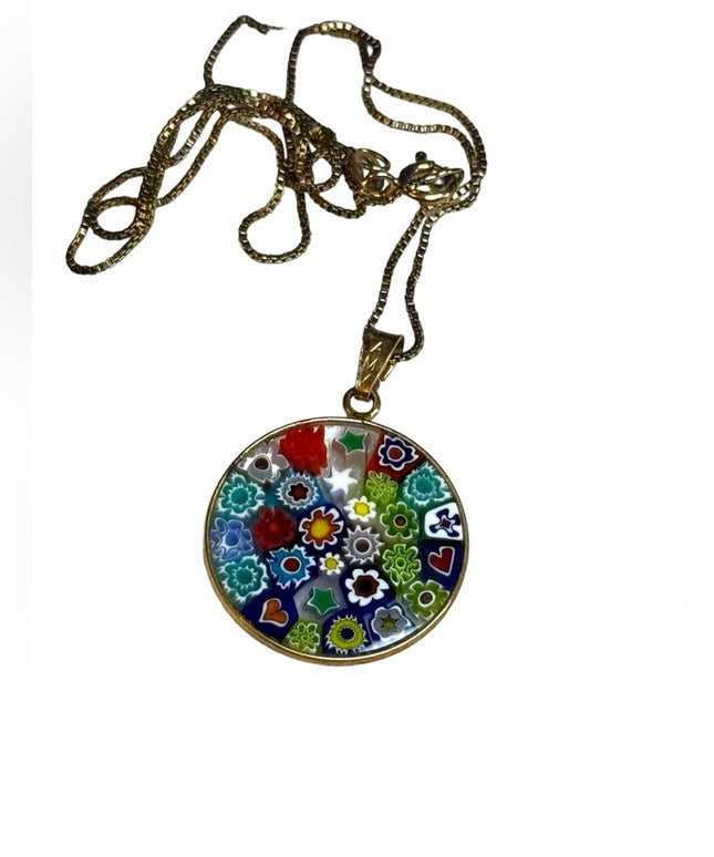 Vintage gold plated 925 sterling silver Italy Murano Glass Millefiori Pendant
