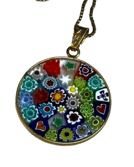 Vintage gold plated 925 sterling silver Italy Murano Glass Millefiori Pendant