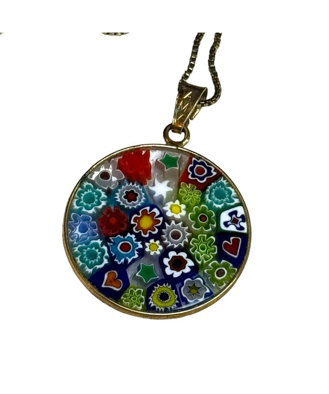 Vintage gold plated 925 sterling silver Italy Murano Glass Millefiori Pendant