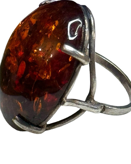 Vintage USSR ICI 875 Silver Russian hand made fossil Amber ring