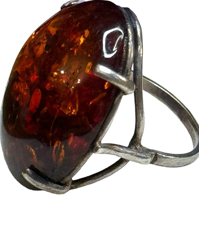 Vintage USSR ICI 875 Silver Russian hand made fossil Amber ring