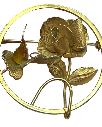 Vintage 1950s Gold plated GIOVANNI Detailed rose large flower brooch RARE