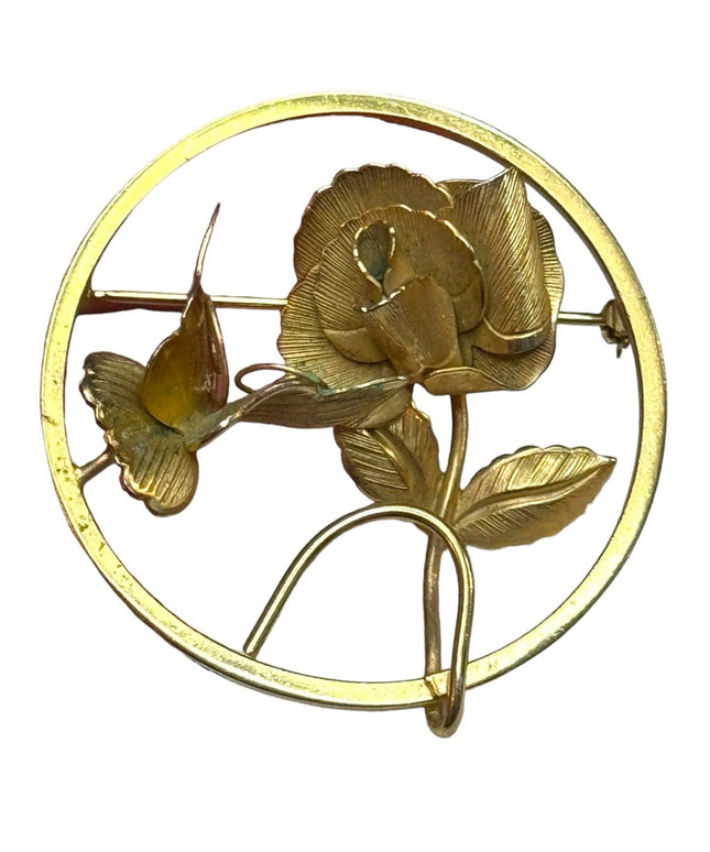 Vintage 1950s Gold plated GIOVANNI Detailed rose large flower brooch RARE