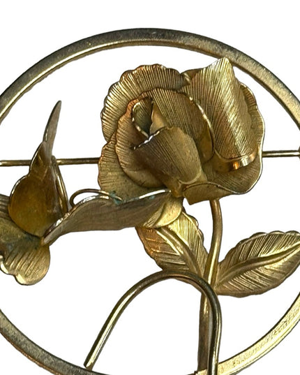 Vintage 1950s Gold plated GIOVANNI Detailed rose large flower brooch RARE