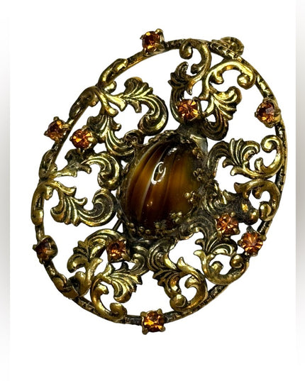 Vintage 1940s West Germany gold antiqued amber glass rhinestone brooch