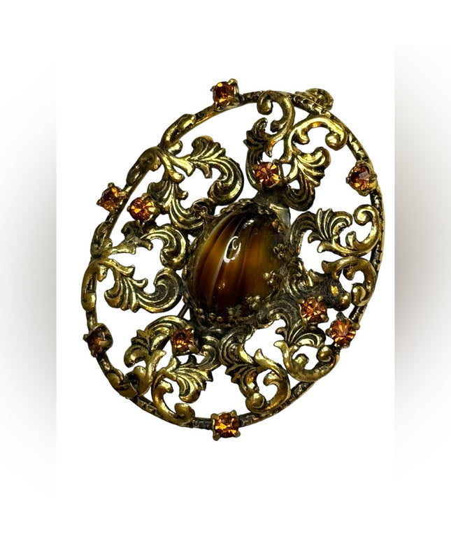 Vintage 1940s West Germany gold antiqued amber glass rhinestone brooch