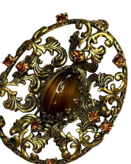 Vintage 1940s West Germany gold antiqued amber glass rhinestone brooch
