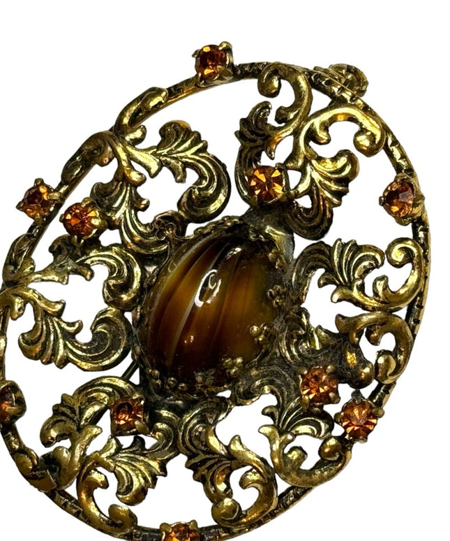 Vintage 1940s West Germany gold antiqued amber glass rhinestone brooch