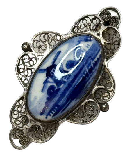 Lovely antique Delft blue silver hand painted ceramic brooch filagree windmill