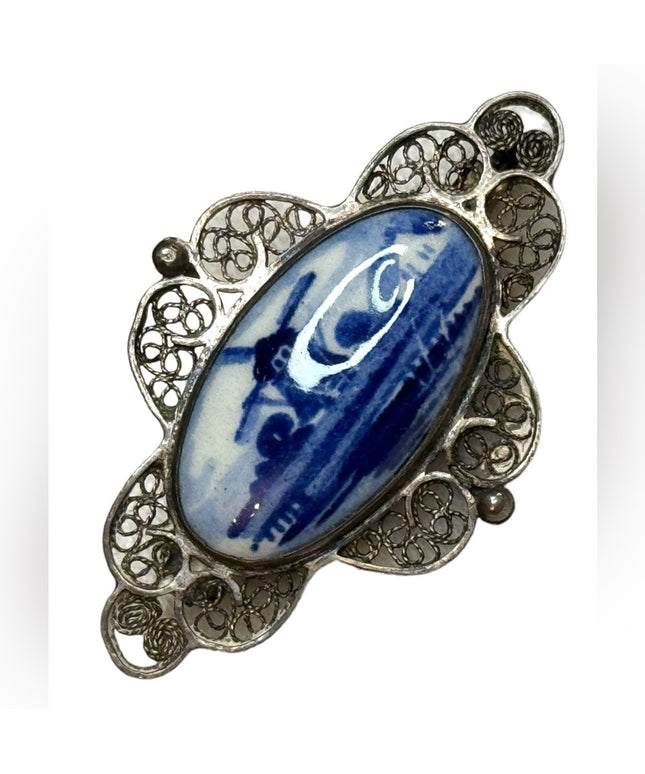 Lovely antique Delft blue silver hand painted ceramic brooch filagree windmill