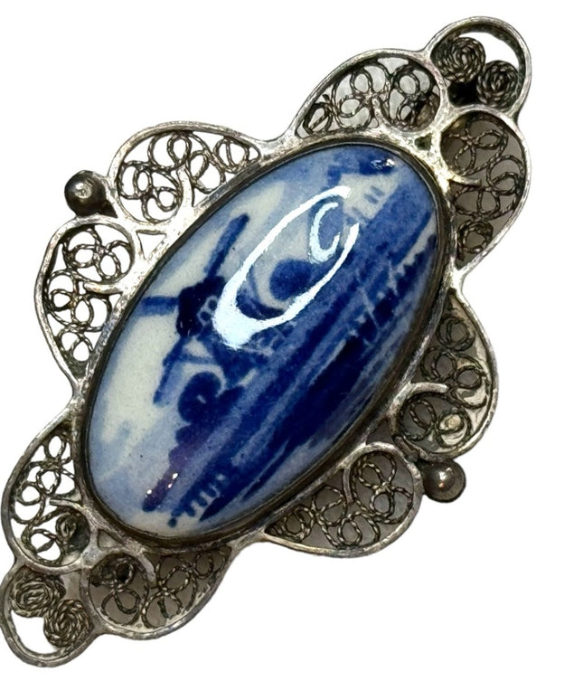 Lovely antique Delft blue silver hand painted ceramic brooch filagree windmill