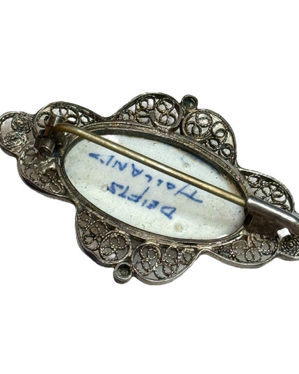 Lovely antique Delft blue silver hand painted ceramic brooch filagree windmill