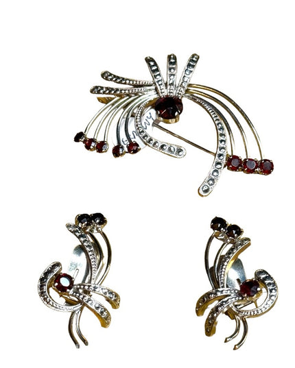 Vintage 1940s Germany US ZONE Silver Set Brooch & earrings red Paste glass clip
