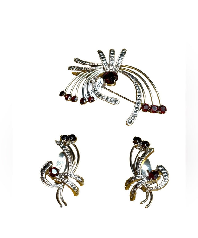 Vintage 1940s Germany US ZONE Silver Set Brooch & earrings red Paste glass clip
