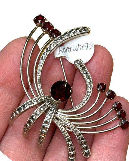 Vintage 1940s Germany US ZONE Silver Set Brooch & earrings red Paste glass clip