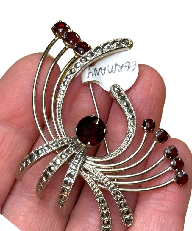 Vintage 1940s Germany US ZONE Silver Set Brooch & earrings red Paste glass clip