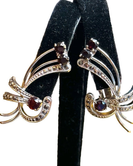 Vintage 1940s Germany US ZONE Silver Set Brooch & earrings red Paste glass clip