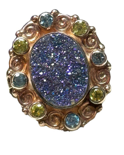 Sajen Sterling Silver Peacock Blue Druzy Ring with Peridot and Blue Topaz ring