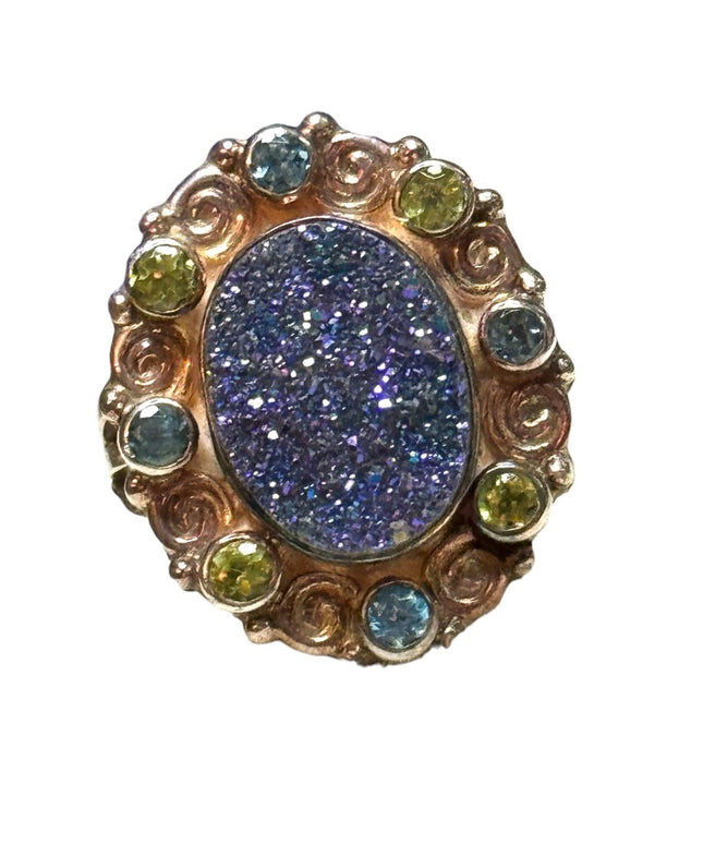 Sajen Sterling Silver Peacock Blue Druzy Ring with Peridot and Blue Topaz ring