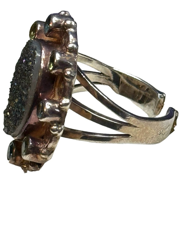 Sajen Sterling Silver Peacock Blue Druzy Ring with Peridot and Blue Topaz ring