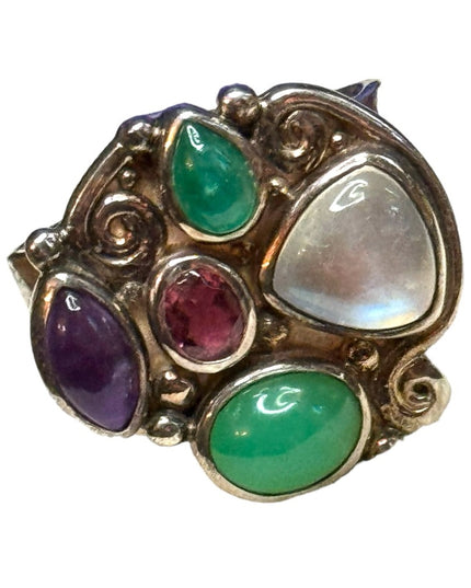 Lovely multi gemstone sterling silver 925 Sajen ring Bali