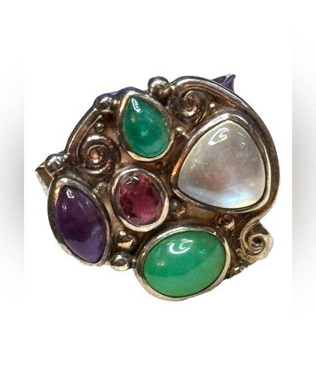 Lovely multi gemstone sterling silver 925 Sajen ring Bali