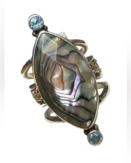 Sajen sterling silver 925 abalone topaz handmade elongated Bali ring scrollwork