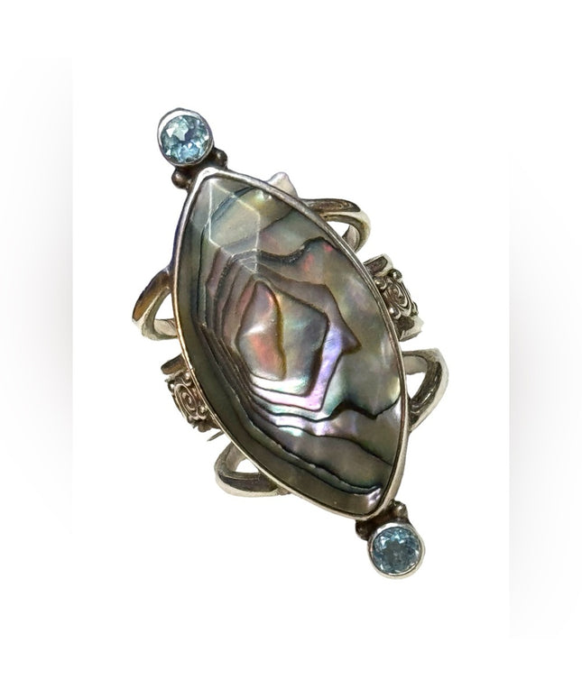 Sajen sterling silver 925 abalone topaz handmade elongated Bali ring scrollwork
