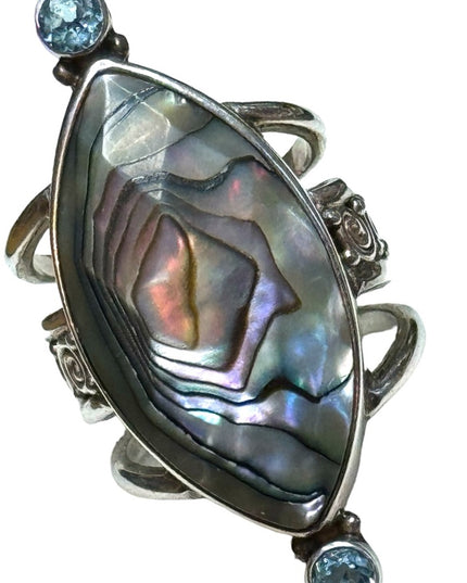 Sajen sterling silver 925 abalone topaz handmade elongated Bali ring scrollwork