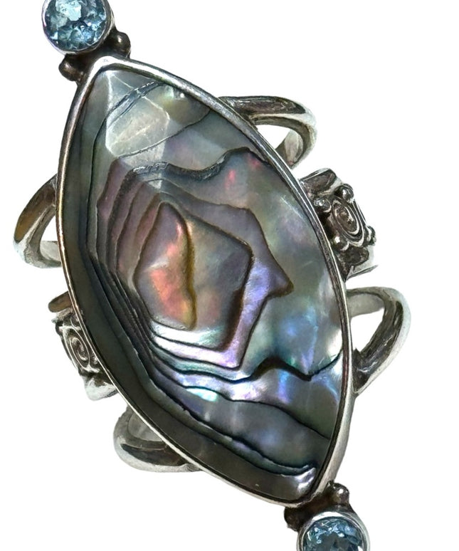 Sajen sterling silver 925 abalone topaz handmade elongated Bali ring scrollwork