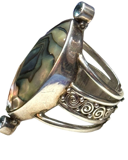 Sajen sterling silver 925 abalone topaz handmade elongated Bali ring scrollwork