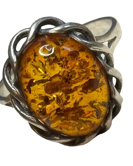 Vintage sterling silver 925 USSR Imported Fossil AMBER handmade ring