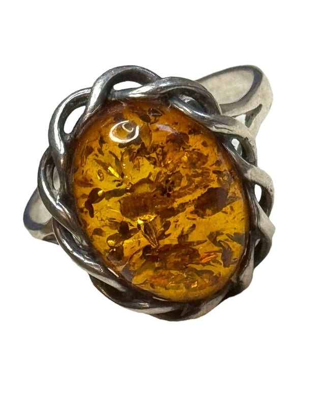 Vintage sterling silver 925 USSR Imported Fossil AMBER handmade ring