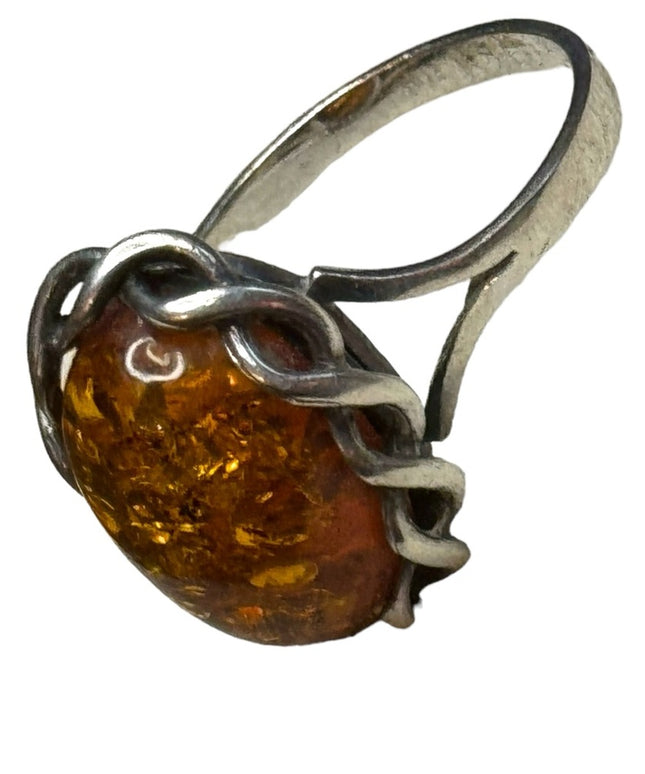 Vintage sterling silver 925 USSR Imported Fossil AMBER handmade ring