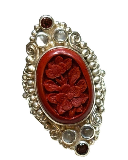 Sajen sterling silver 925 cinnabar garnet moonstone Bali handmade elongated ring