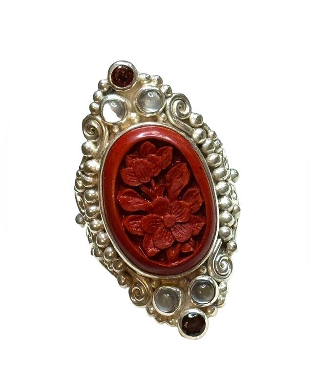 Sajen sterling silver 925 cinnabar garnet moonstone Bali handmade elongated ring