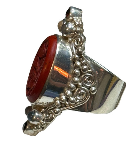 Sajen sterling silver 925 cinnabar garnet moonstone Bali handmade elongated ring