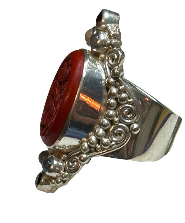 Sajen sterling silver 925 cinnabar garnet moonstone Bali handmade elongated ring