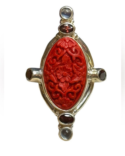 Sajen sterling silver 925 cinnabar moonstone garnet Bali carved ring elongated